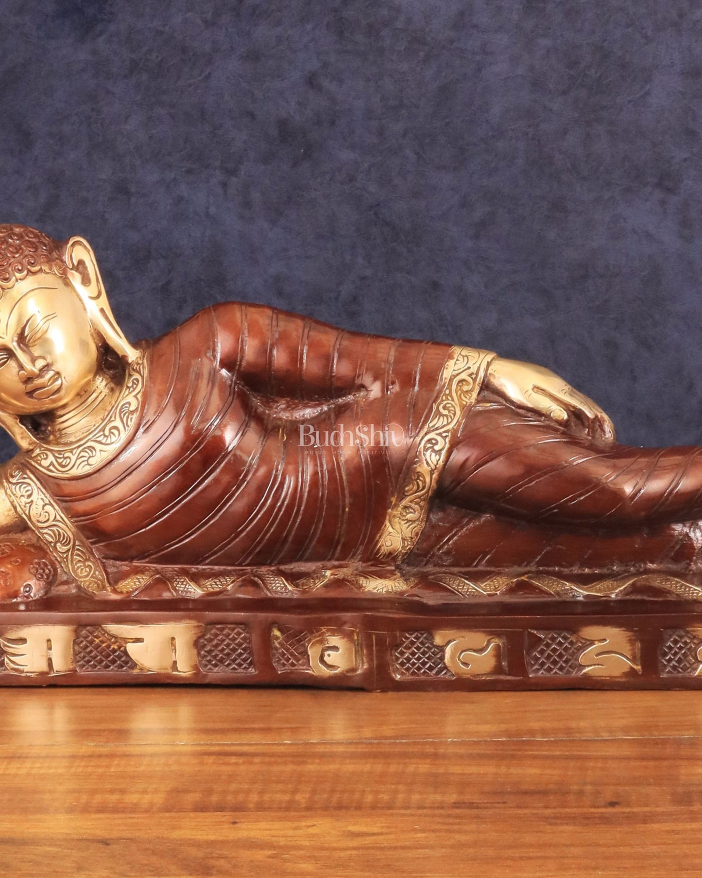 Brass Reclining Sleeping Buddha Sculpture in Unique Dual Tone 20 inch wide