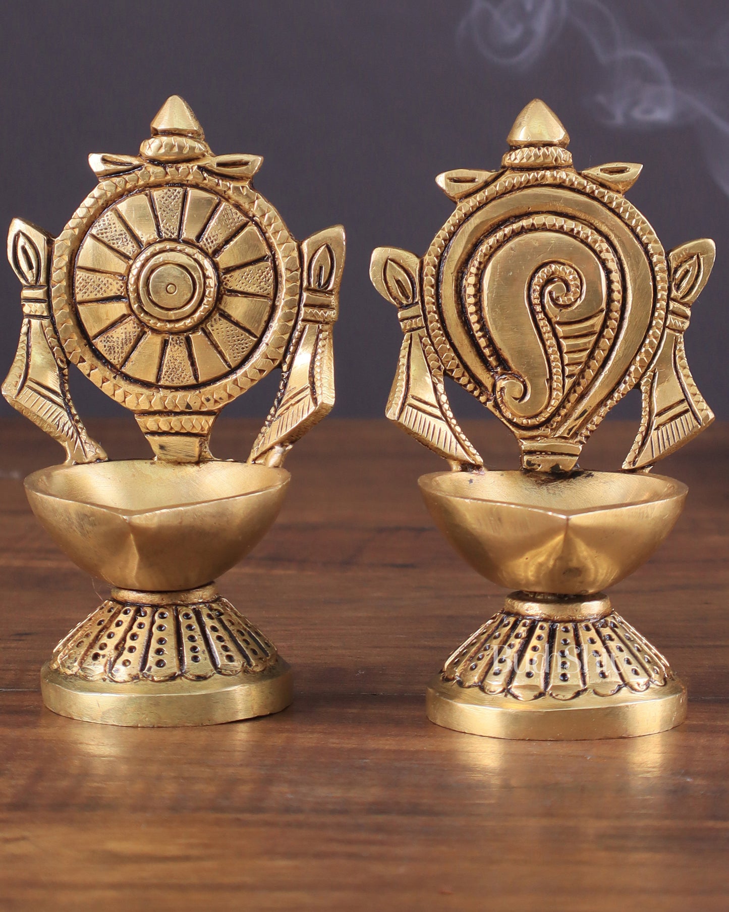 Pure Brass Shankh Chakra Oil Lamps (Pair) 4.5"