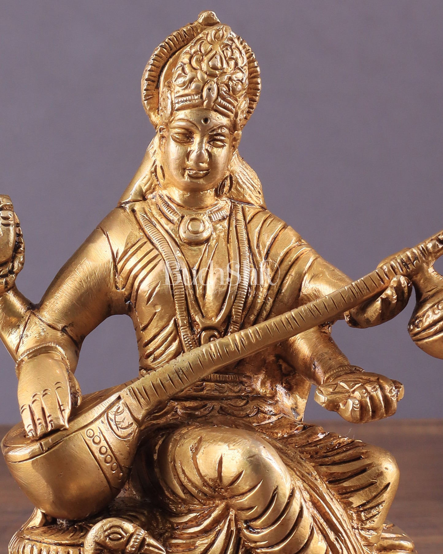 Pure Brass Goddess Saraswati with Swan Idol – 6" Handcrafted Statue