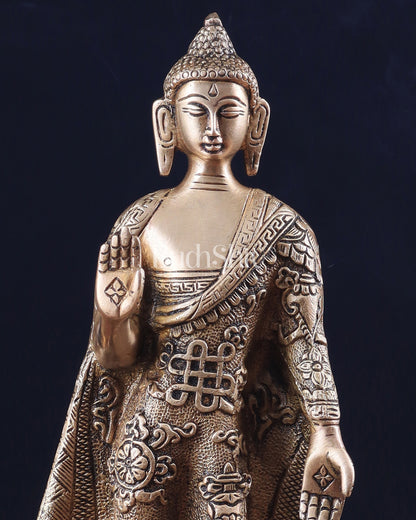 Pure Brass Standing Lord Buddha Statue – Fully Engraved 11"