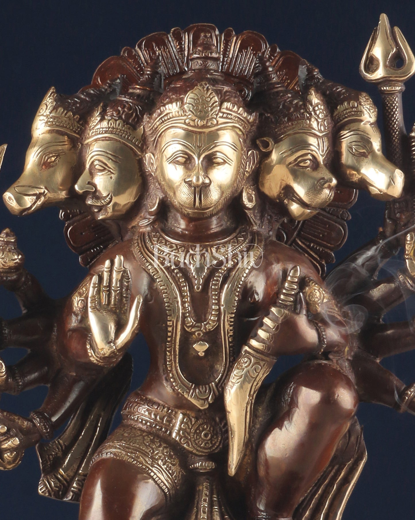 Handcrafted Brass Panchmukhi Hanuman Idol – Dual Tone Chola Finish, 13.5"