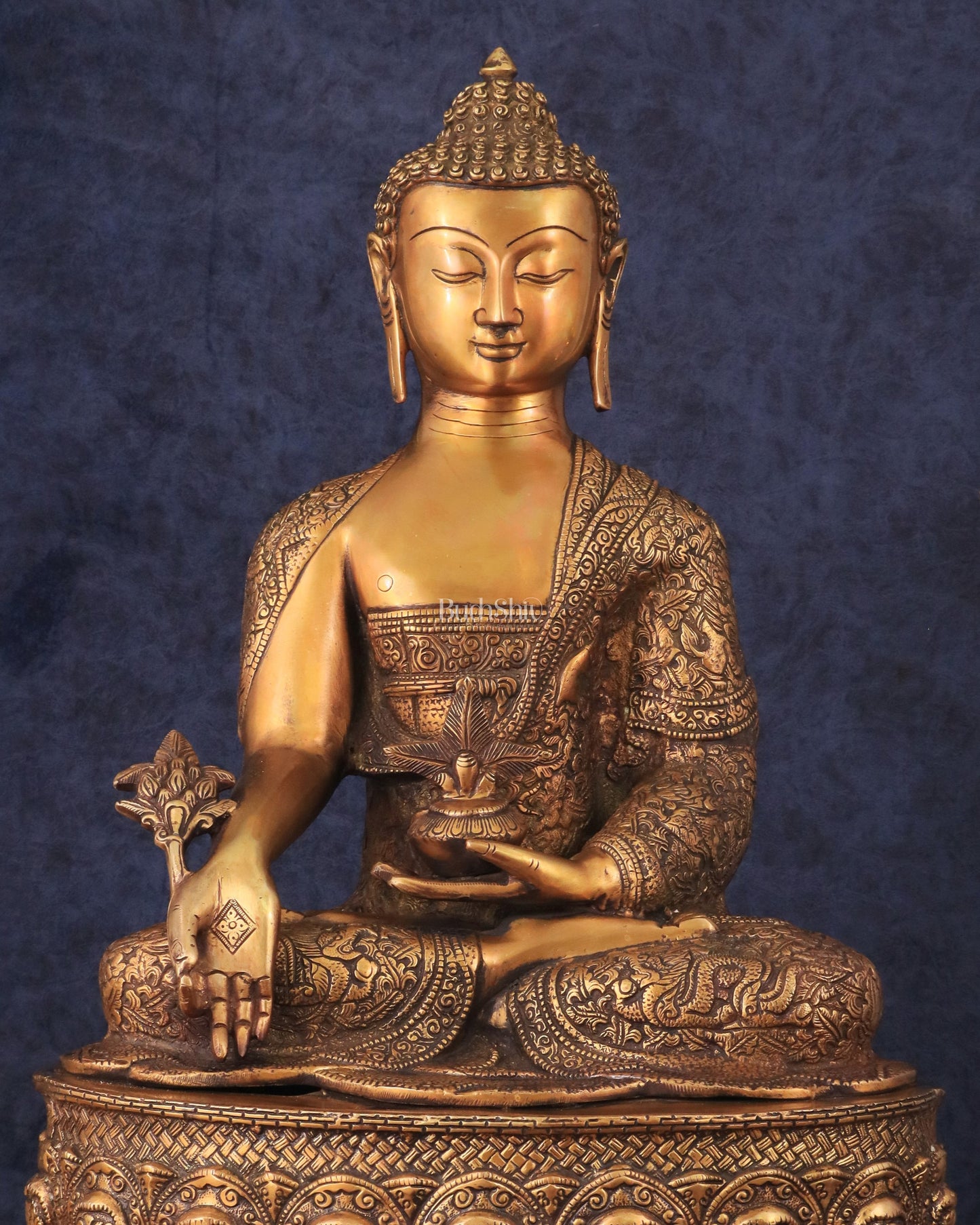 Pure Brass Handcrafted Medicine Buddha Statue with Dragon Carvings 22"