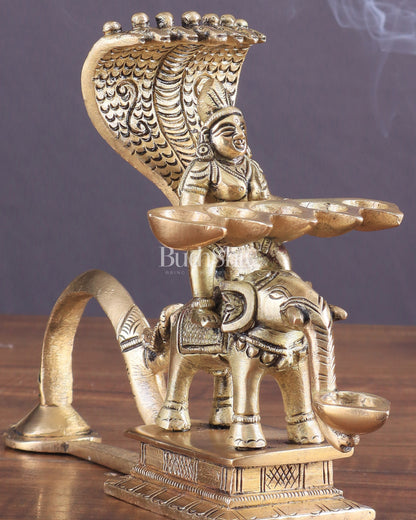 Pure Brass Superfine Naag Kanya Sitting on an Elephant Aarti Diya – Rare Find 6"