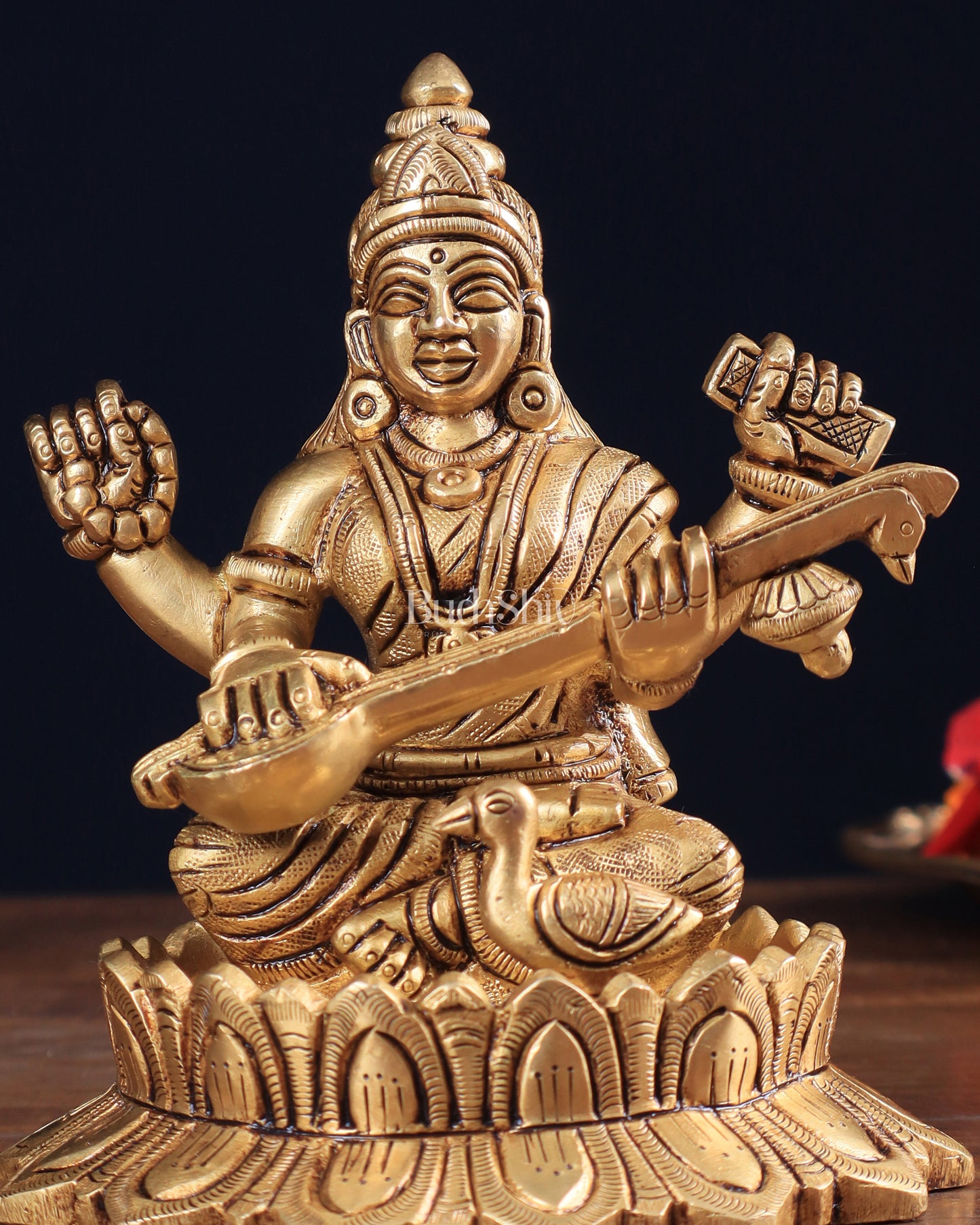 Brass Superfine Saraswati on Lotus Idol | 5.5" Height