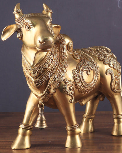 Pure Brass Large Standing Nandi Fully Engraved Sculpture  14"