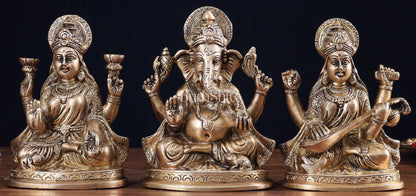 Pure Brass Ganesh, lakshmi and Saraswati idols set 6"