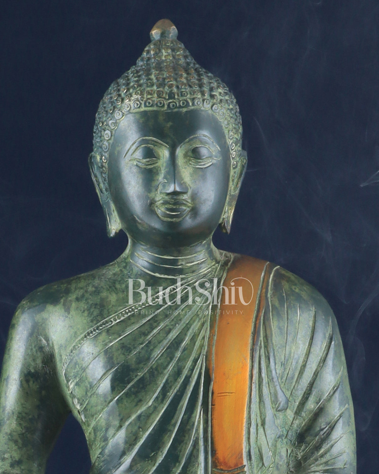 Unique Brass Blessing Buddha Statue in Green Stone Finish – 15 Inches