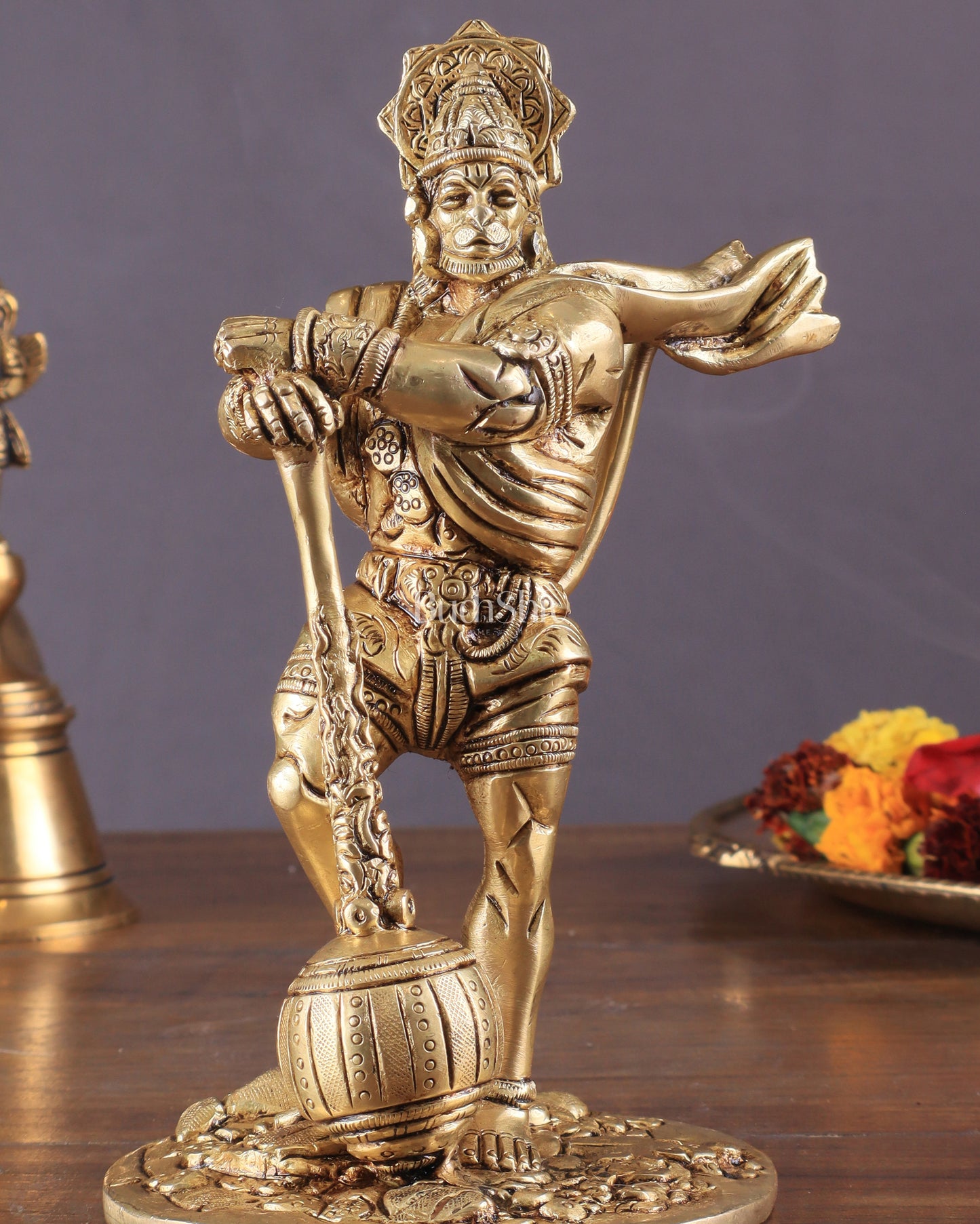 Powerful Standing Hanuman Brass Idol - 7.5" Height, Superfine Craftsmanship