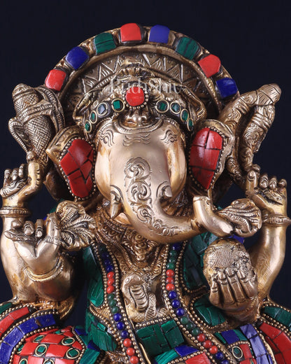 Brass Lord Ganesha Statue Seated on Elephant Throne - 12 Inch with stonework