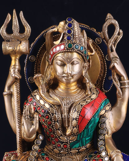 Brass sitting Ardhanarishwara Statue - shiv parvati  - 9.5 inch with stonework