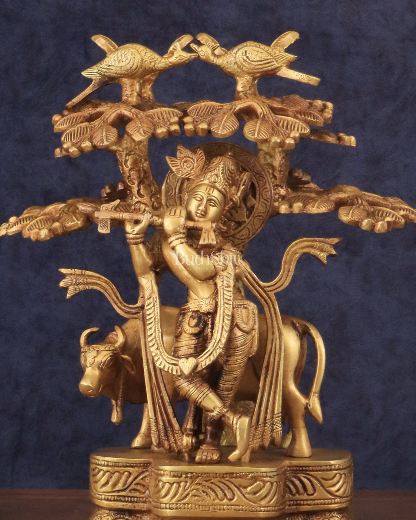 Pure Brass Lord Krishna with Cow Under a Tree Statue 12 inch