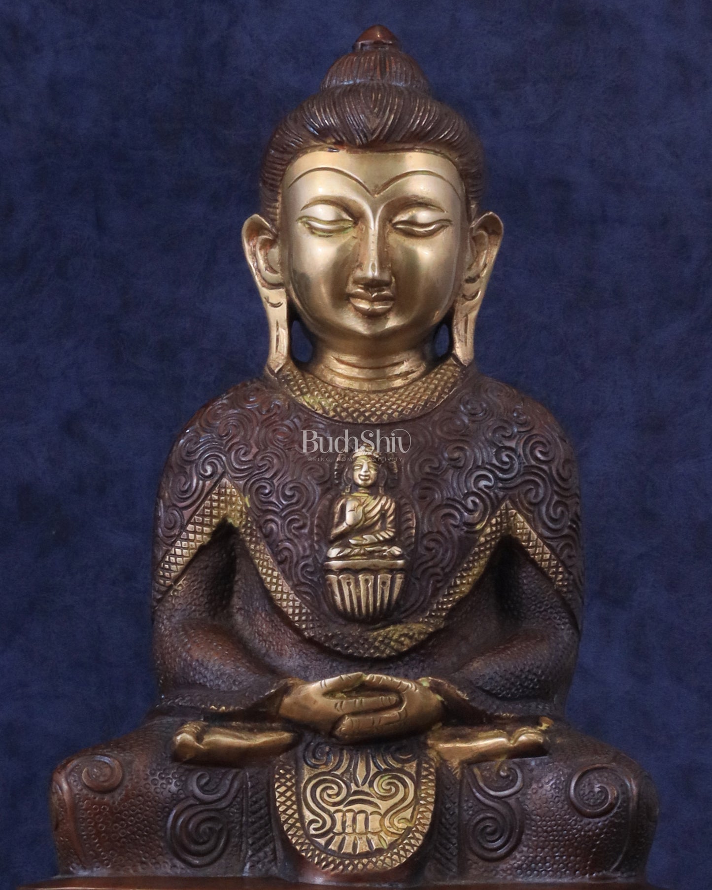 Pure Brass Buddha in Meditation with Unique Carvings - Dual Tone Brown & Gold, 13.5"