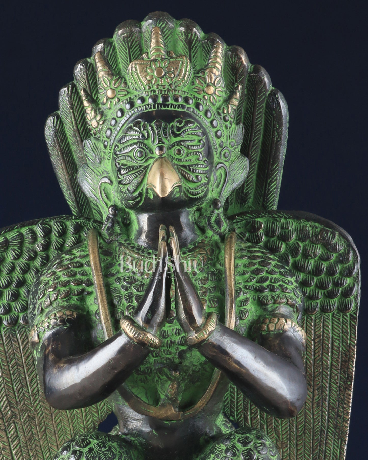 Pure Brass Unique Garuda Dev Statue (Black and Green Antique Tone) 17"