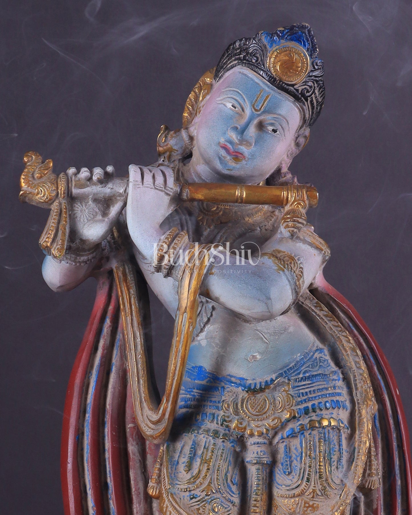 Pure Brass Lord Krishna Vintage Hand-Painted Sculpture 18.5"