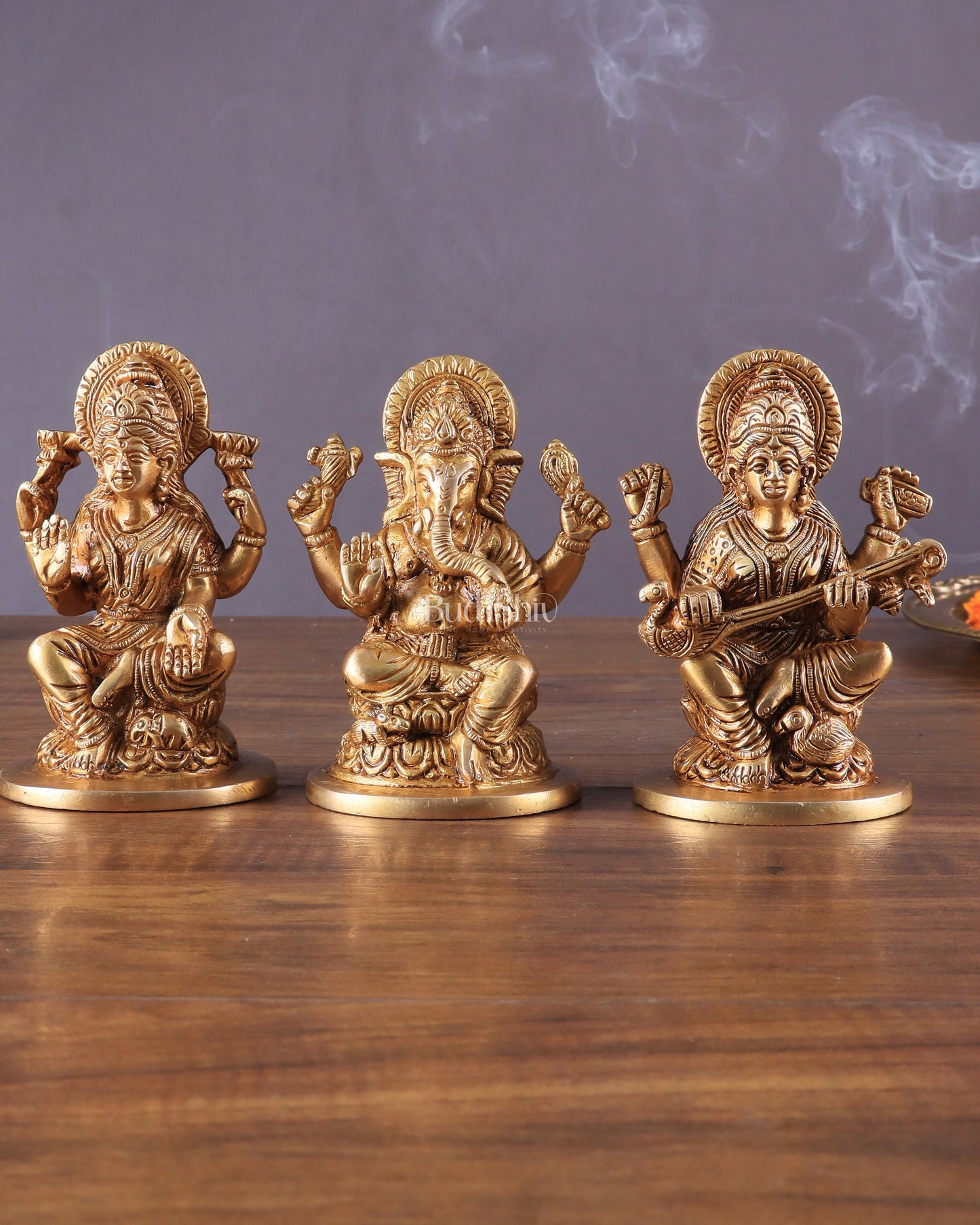 Pure Brass Ganesha, Lakshmi, and Saraswati Idols – 4.5" Handcrafted Set