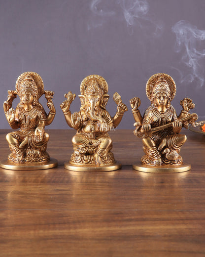 Pure Brass Ganesha, Lakshmi, and Saraswati Idols – 4.5" Handcrafted Set