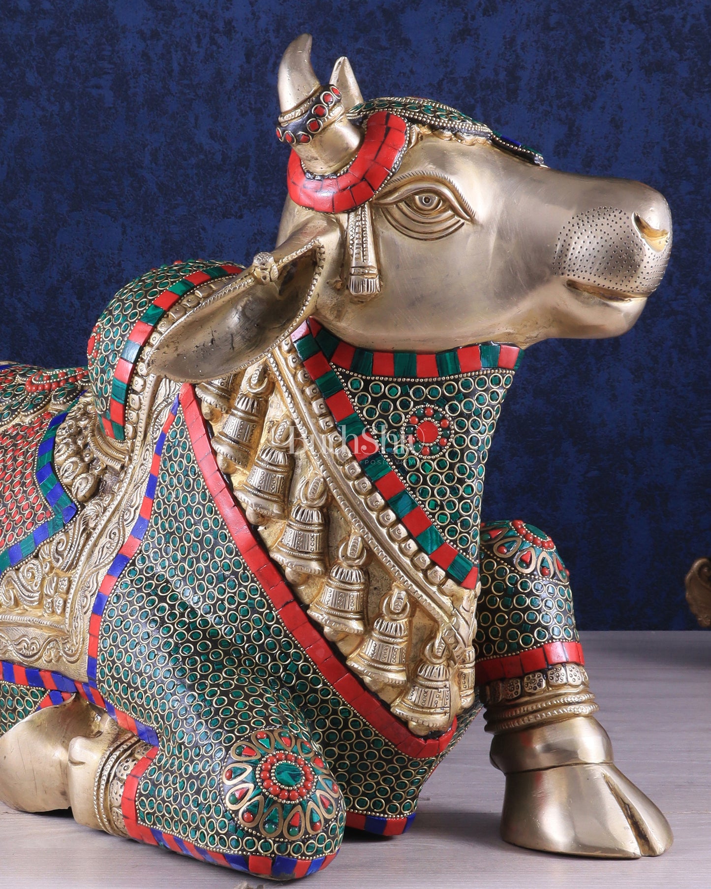 Elegant Brass Nandi Statue with Intricate Stonework 21"