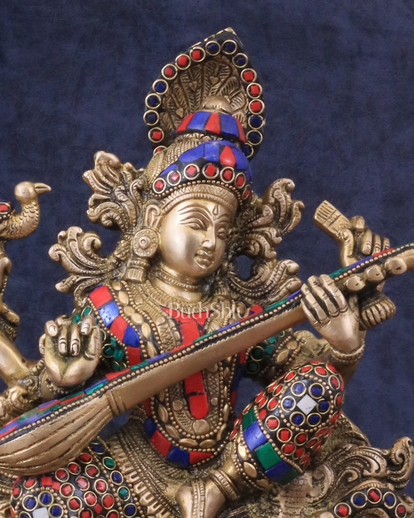 Saraswati brass idol 11 inch with Stonework