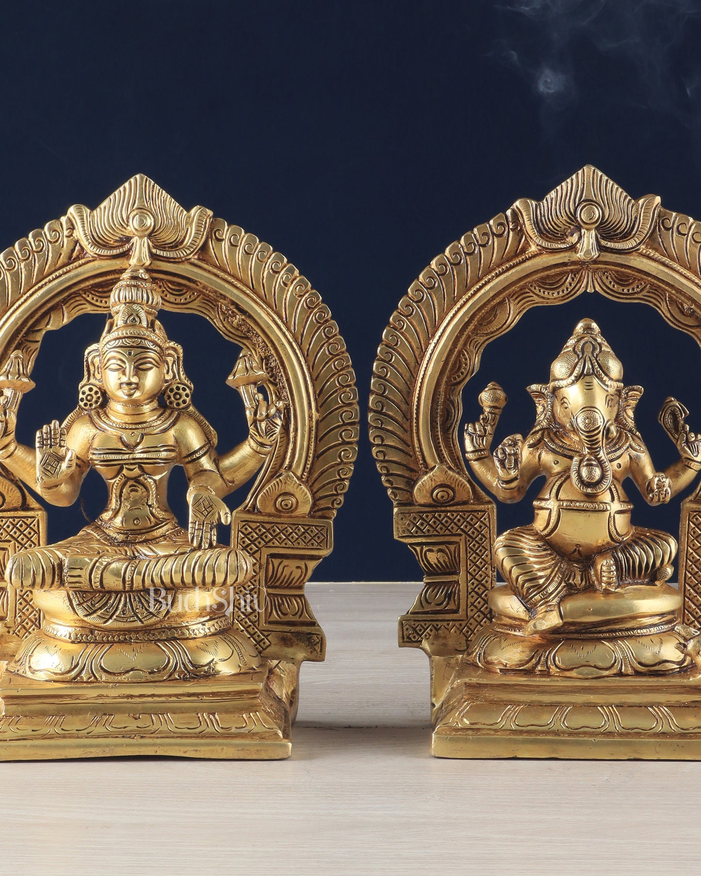 Brass Superfine Ganesh Lakshmi with Prabhavali Idol Set 9"