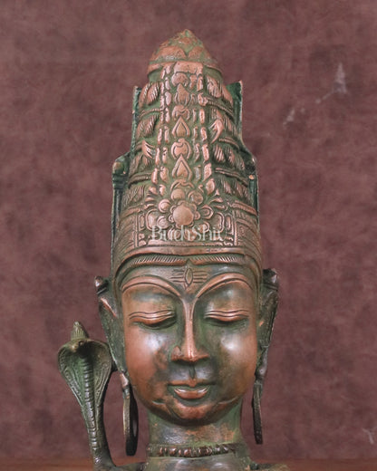 Brass Lord Shiva Face Bust Statue - Vintage Green Finish, 9"