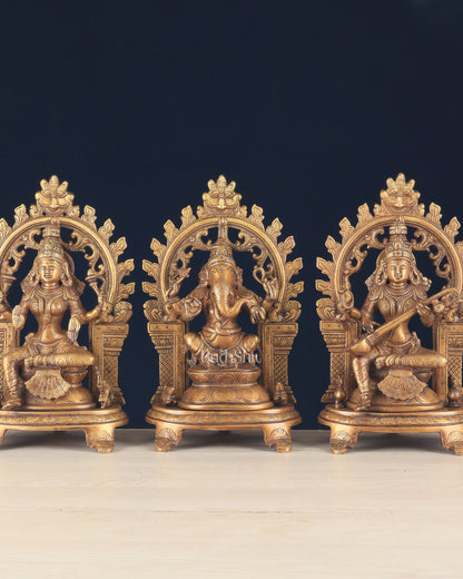 Pure Brass Ganesh, Lakshmi, Saraswati with Prabhavali Idols (Dual Tone Finish) 12"