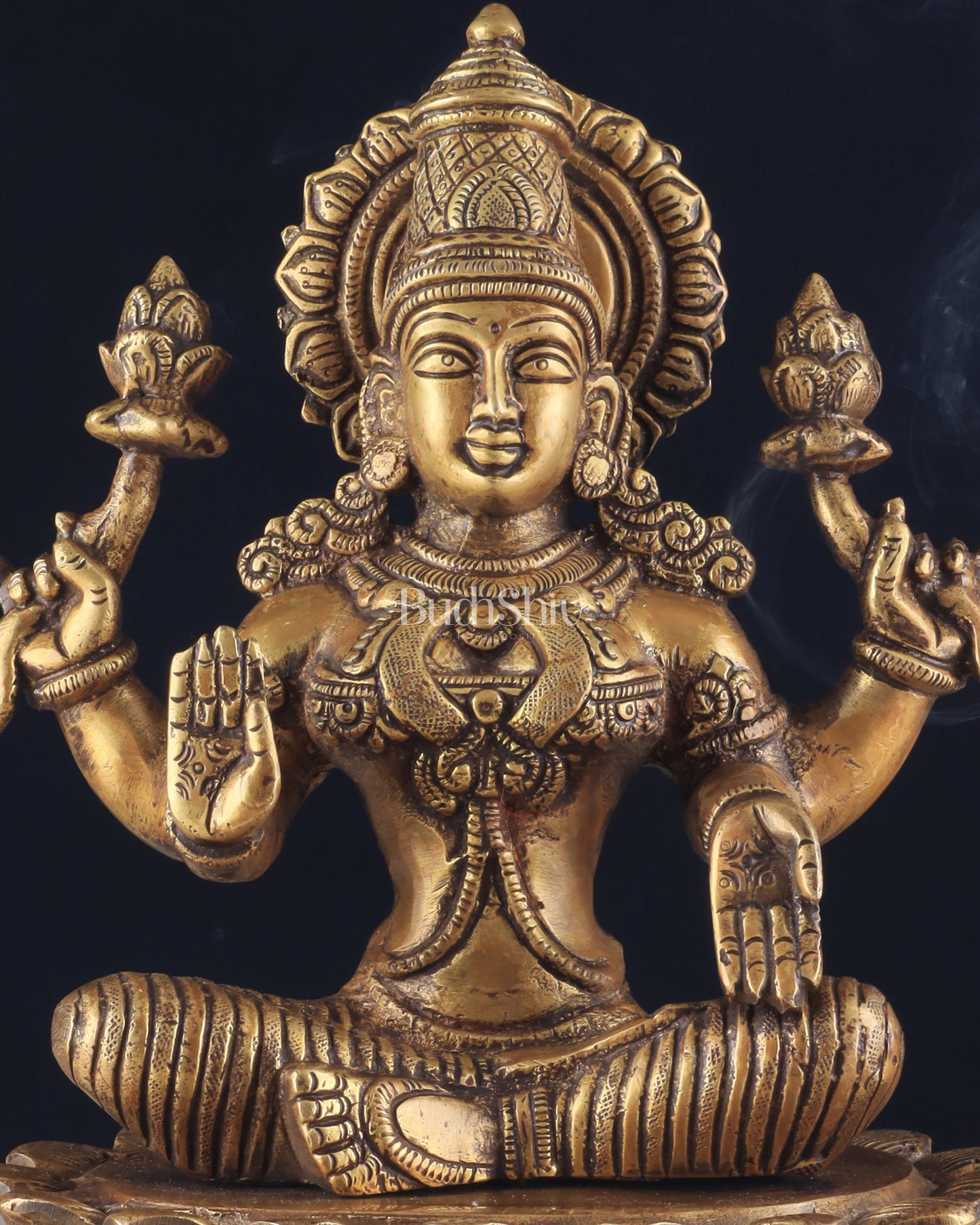 Brass Lotus Lakshmi Statue - Dull Gold Finish 12"