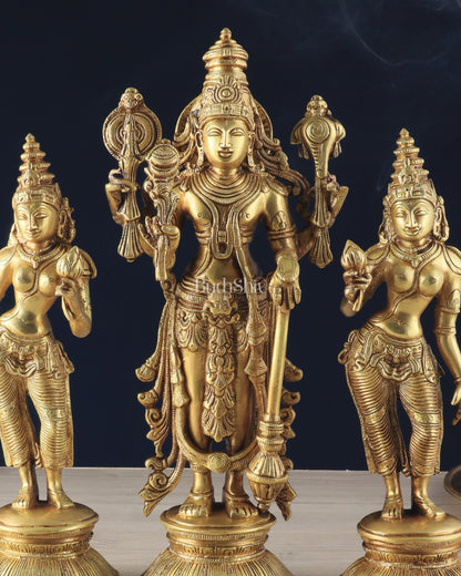 Brass Lord Vishnu with Bhudevi and Sridevi Statues – Intricate Sculptures, 13"