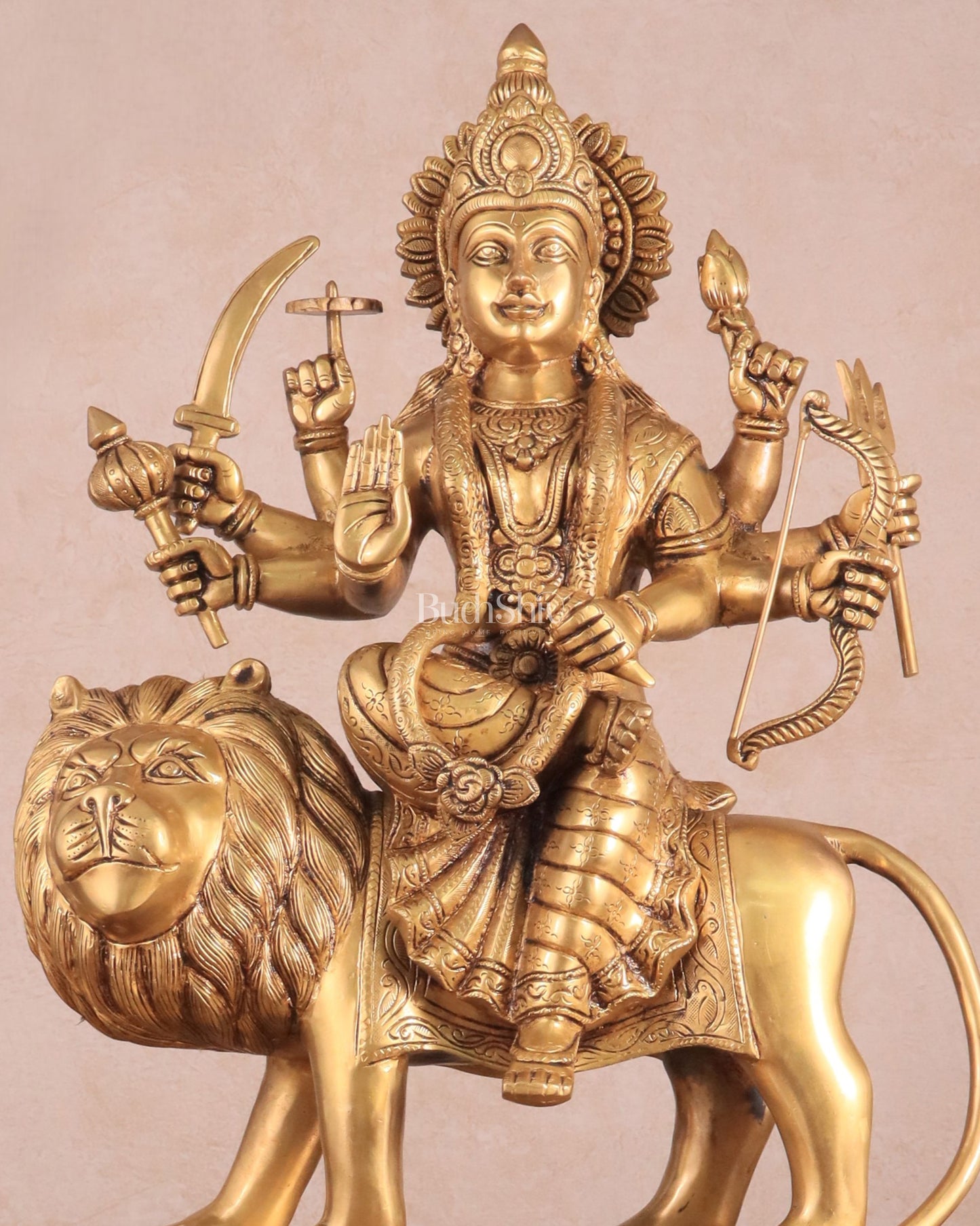 Large Superfine Brass Durga Mata Statue - Antique Golden Tone | Height 21.5 inch