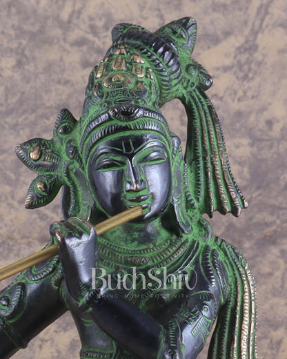 Brass Superfine Lord Krishna with Unique Crown Idol | Height: 14.5 inch black and green patina