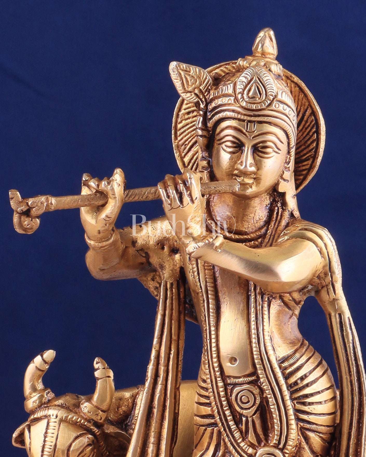 Brass Lord Krishna with Cow Idol - Intricately Handcrafted, 8.5 Inches