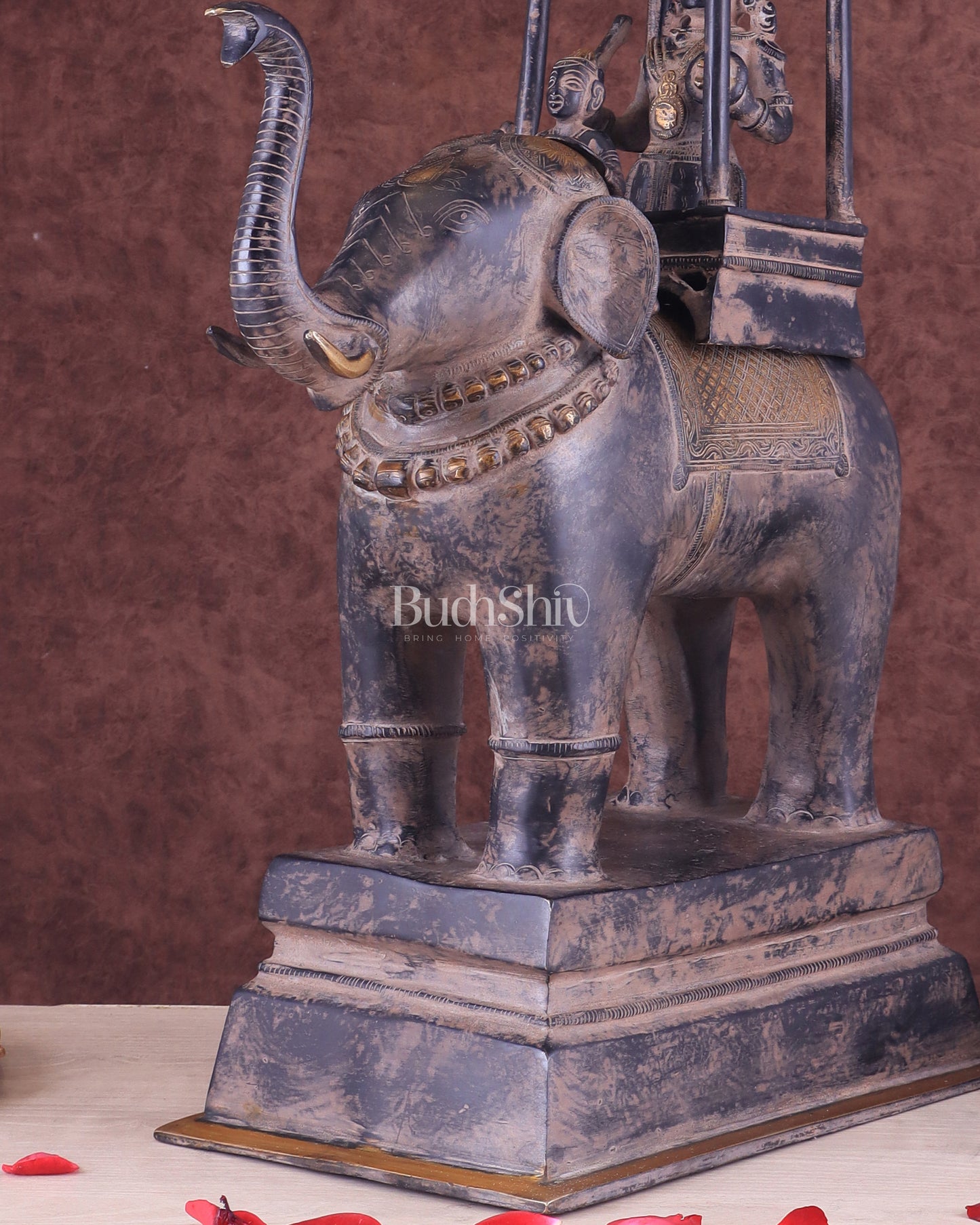 Brass Lord Indra Statue on Elephant with trunk up – Vintage Sand Patina Finish 21.5"