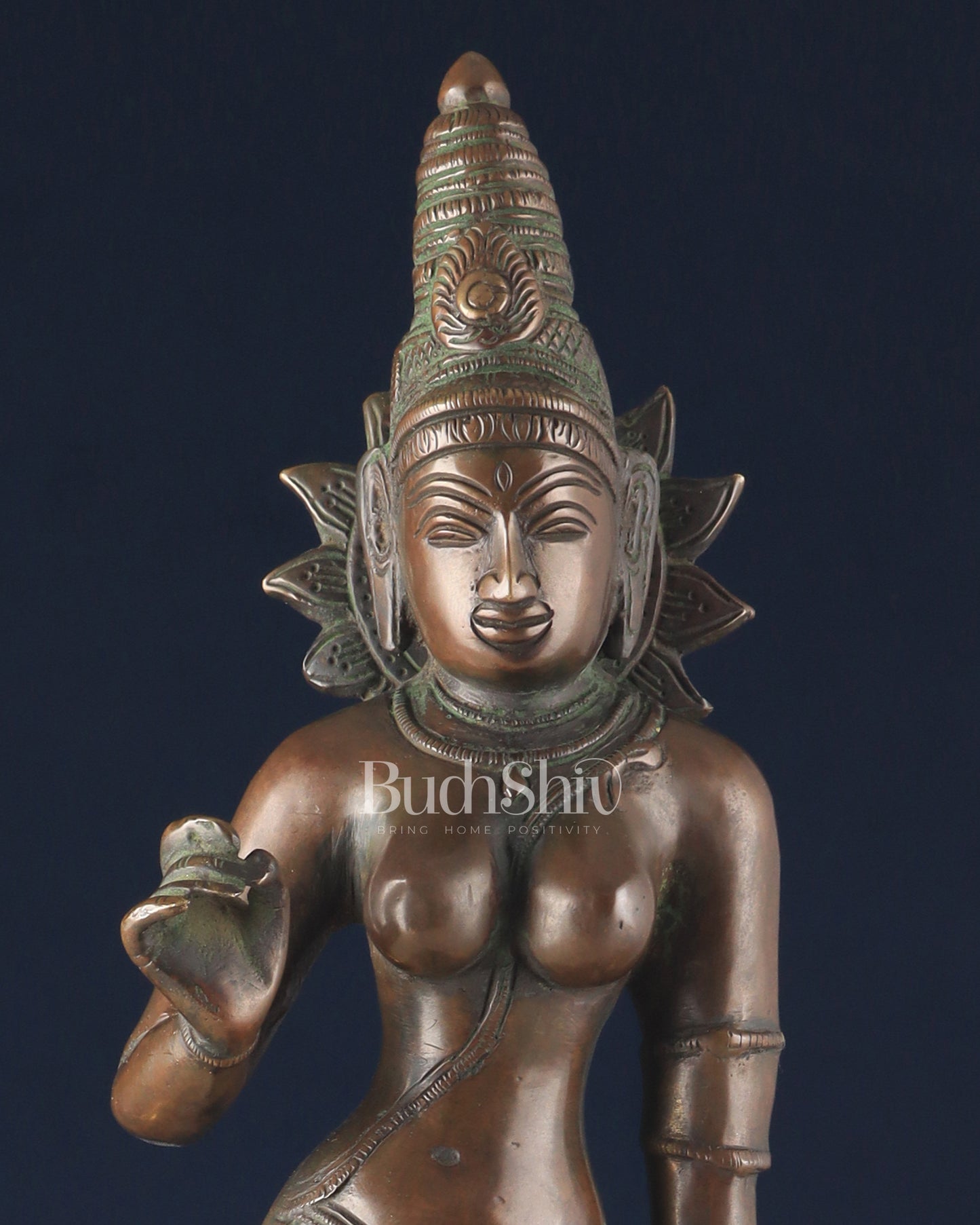 Rare Brass Standing Parvati Statue – Antique Bronze Tone with Sharp Features (20 Inches)