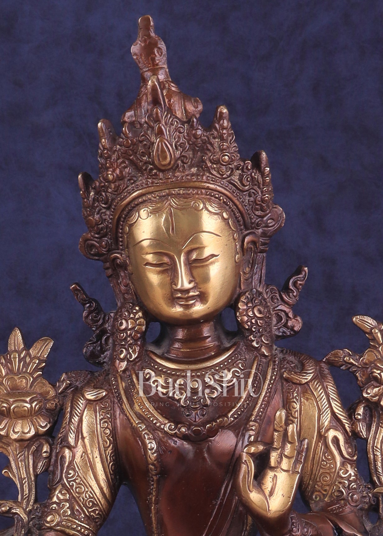 Pure Brass Tibetan White Tara Idol – Copper Gold Finish | 14 Inch