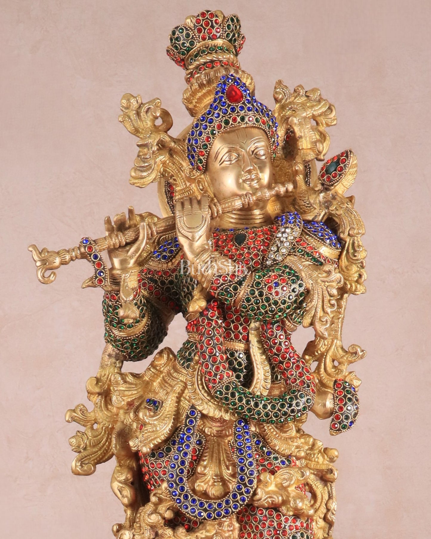 Brass Handcrafted Krishna Statue - 30" jewel work