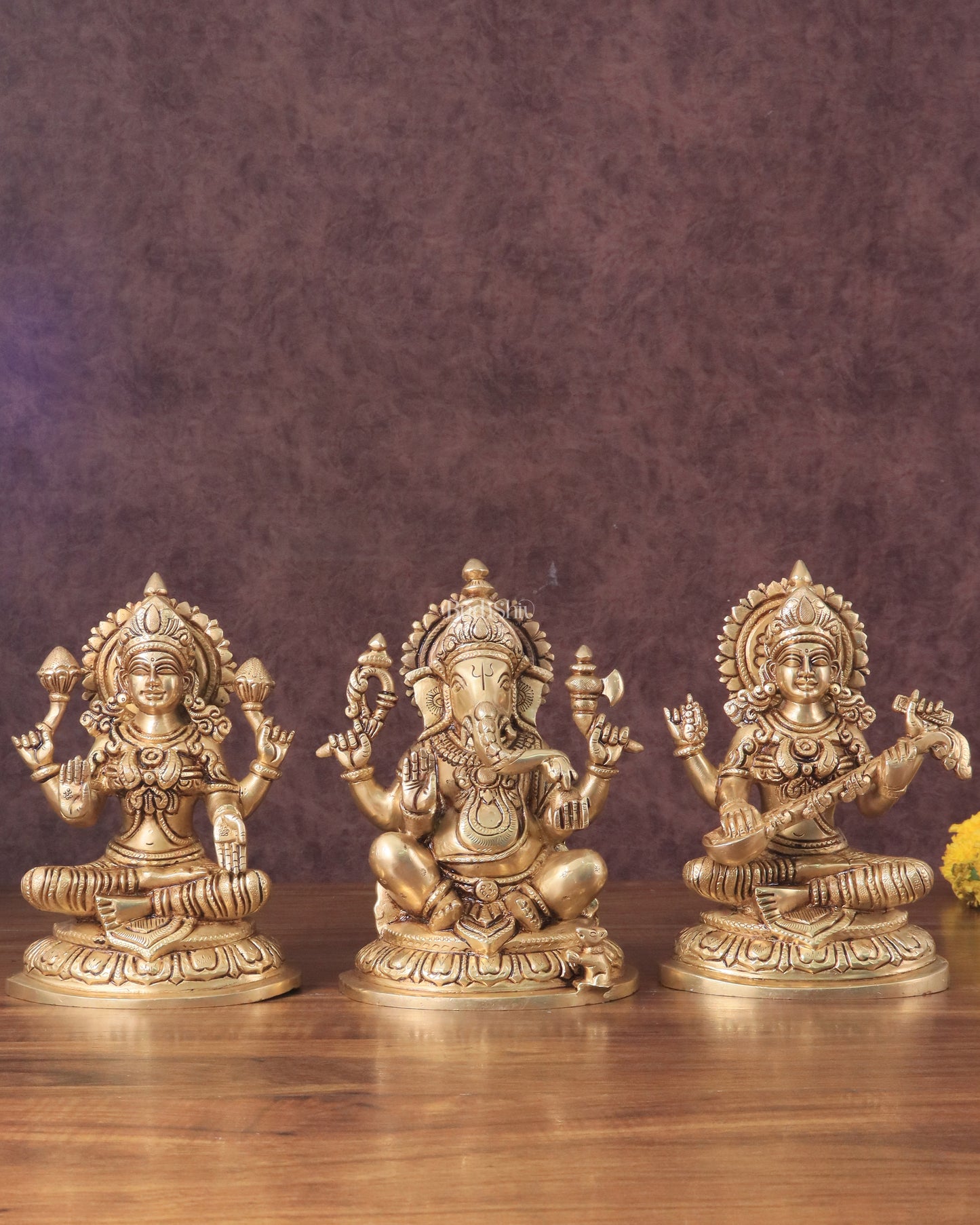 Pure Brass Ganesha, Lakshmi, Saraswati Idols Set of Three - 7.5"