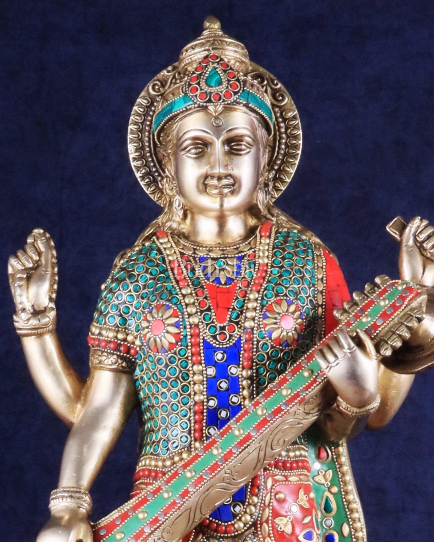 Standing Saraswati Brass Murti meenakari - 25 inch