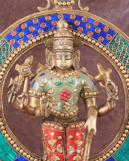 Brass Lord Vishnu Statue with Sudarshan Chakra Aura - 16.5 Inch meenakari