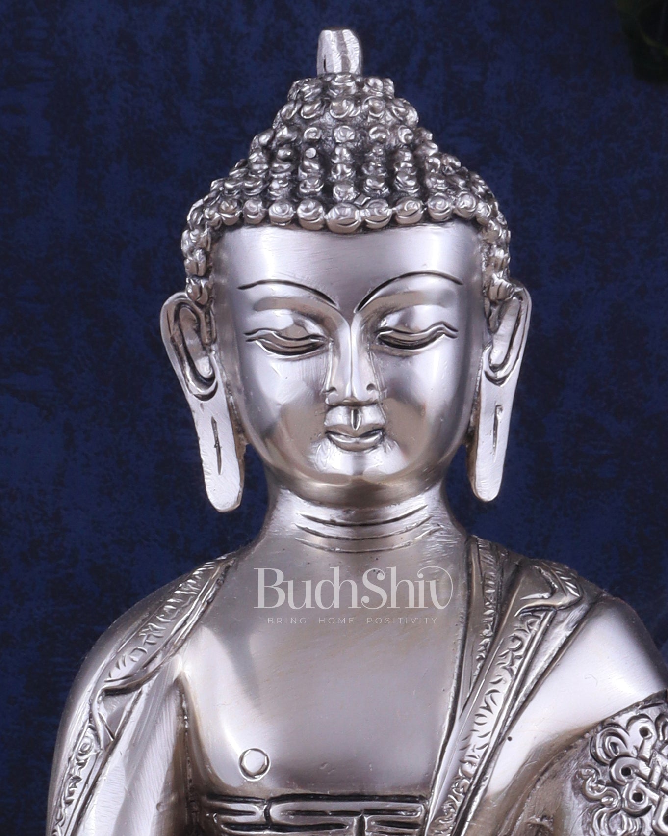 Pure Brass Blessing Buddha Statue - Silver plated , 12.5" Height