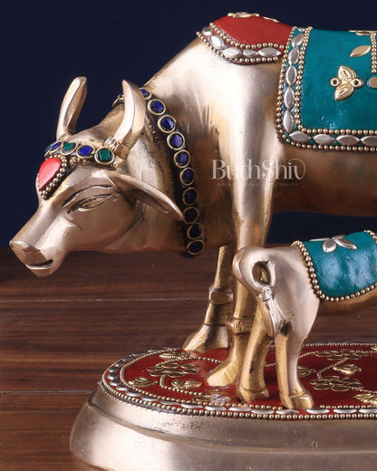 Pure Brass Kamdhenu Cow with Calf Statue - Meenakari Stonework, 8"