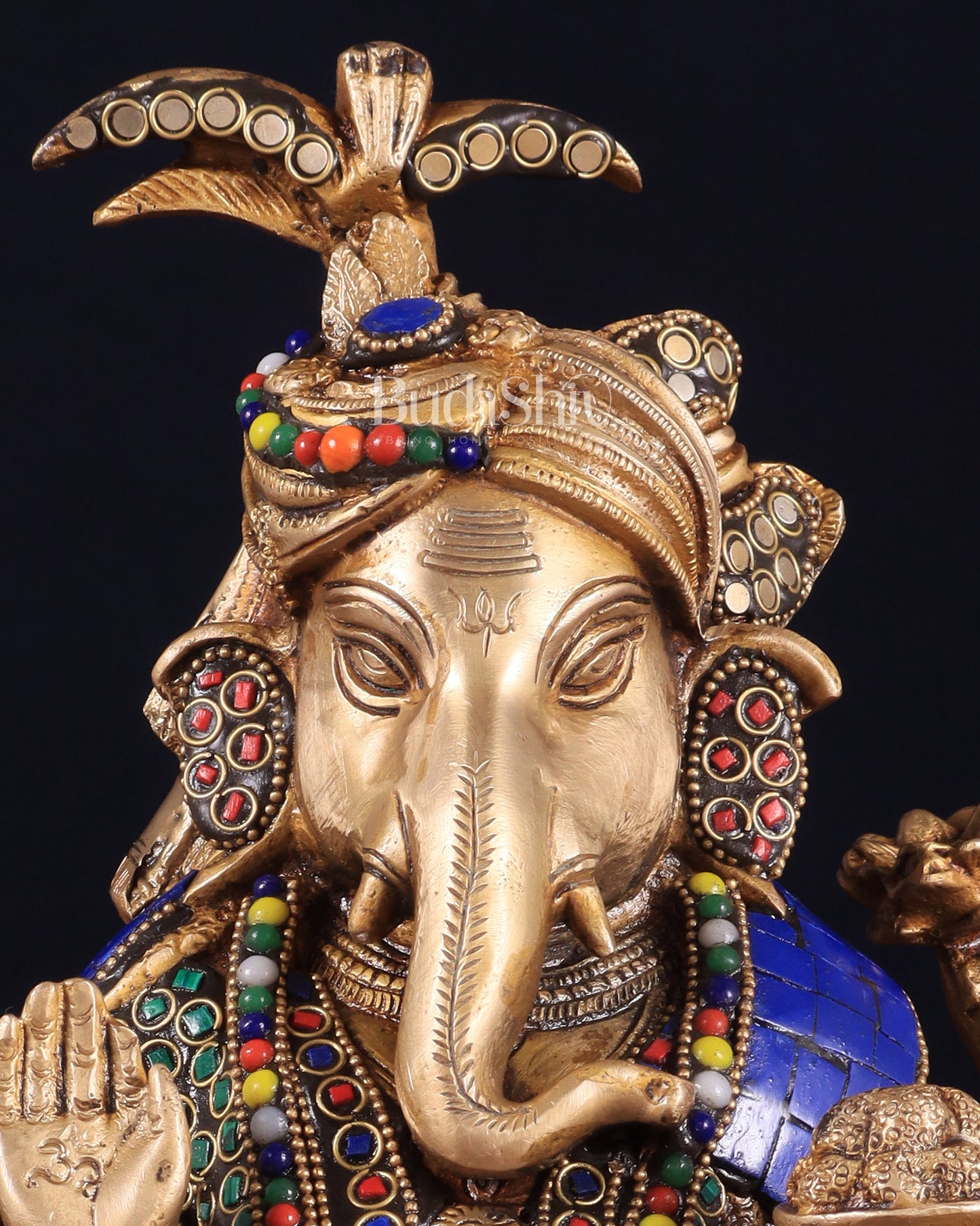 Unique Brass Lord Ganesha Statue with Meenakari Stonework – 9.5"