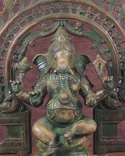 Pure Brass Vintage Lord Vinayaka (Ganesha) with Prabhavali - Green Patina, 15.5"