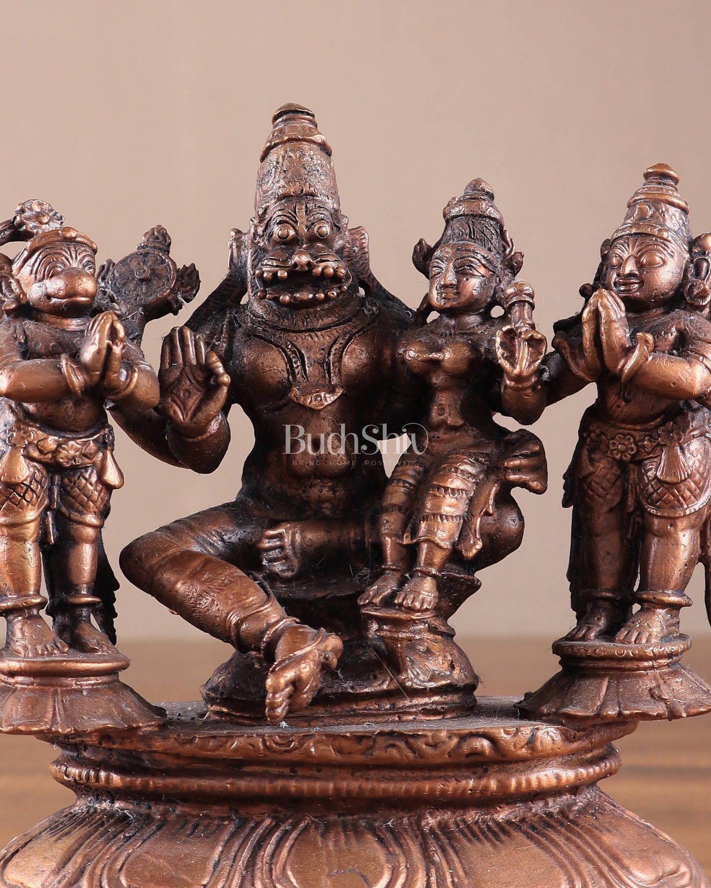 Pure Copper Lakshmi Narasimha Idol with Sheshanaag, Hanuman & Garuda – 6 Inch