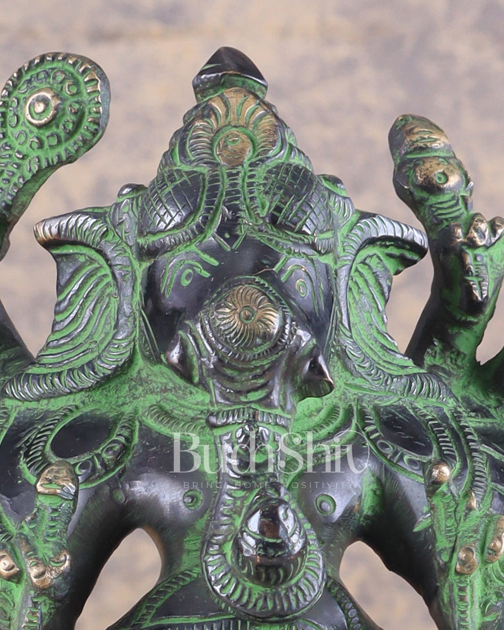 Brass Standing Lord Ganesha Idol with 16 Arms - 8.5 Inch black and green patina tone