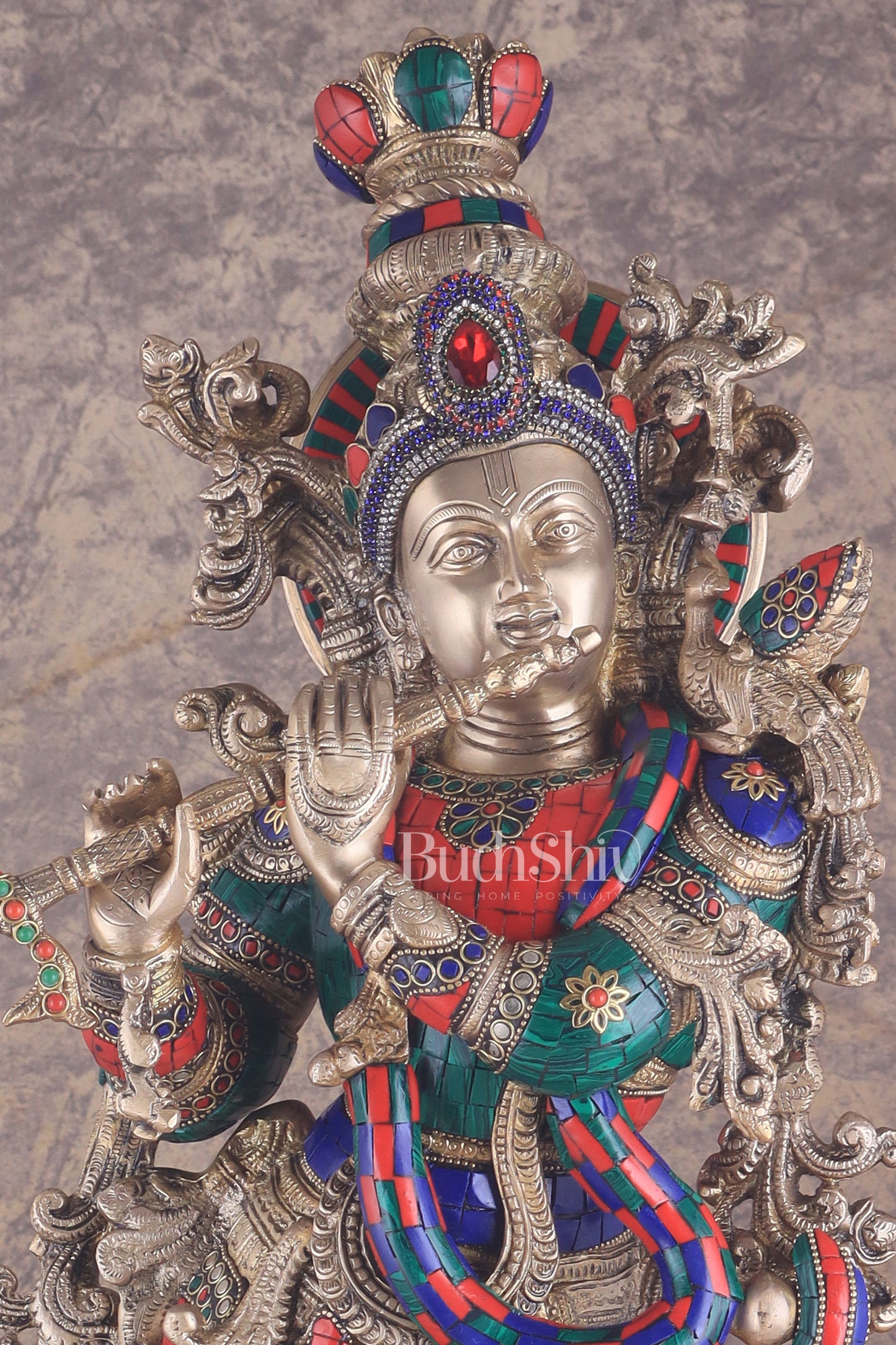 Brass Krishna Idol 30 inch meenakari Stonework