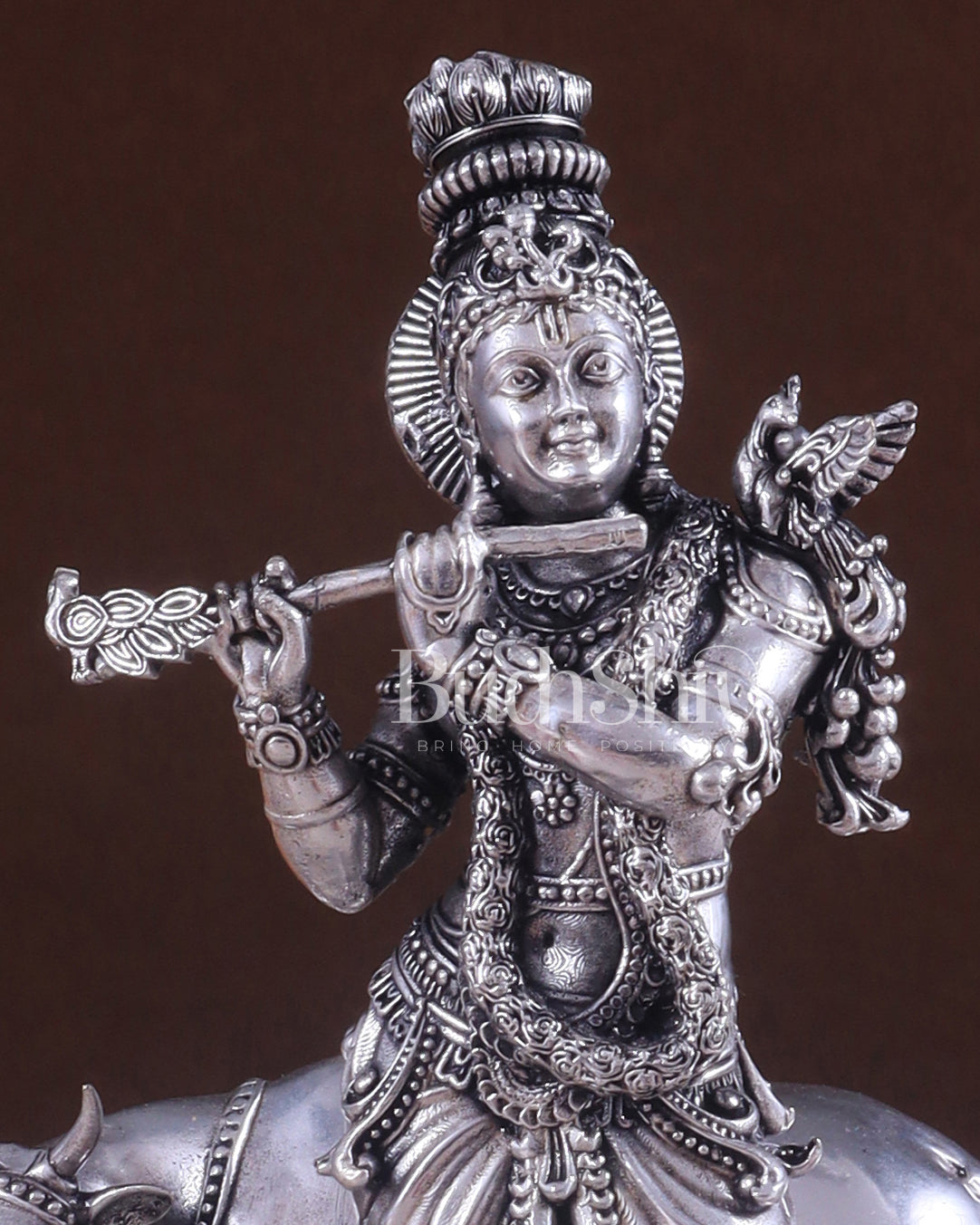 Superfine Brass Intricate Krishna with Cow idol - 7" silver plated