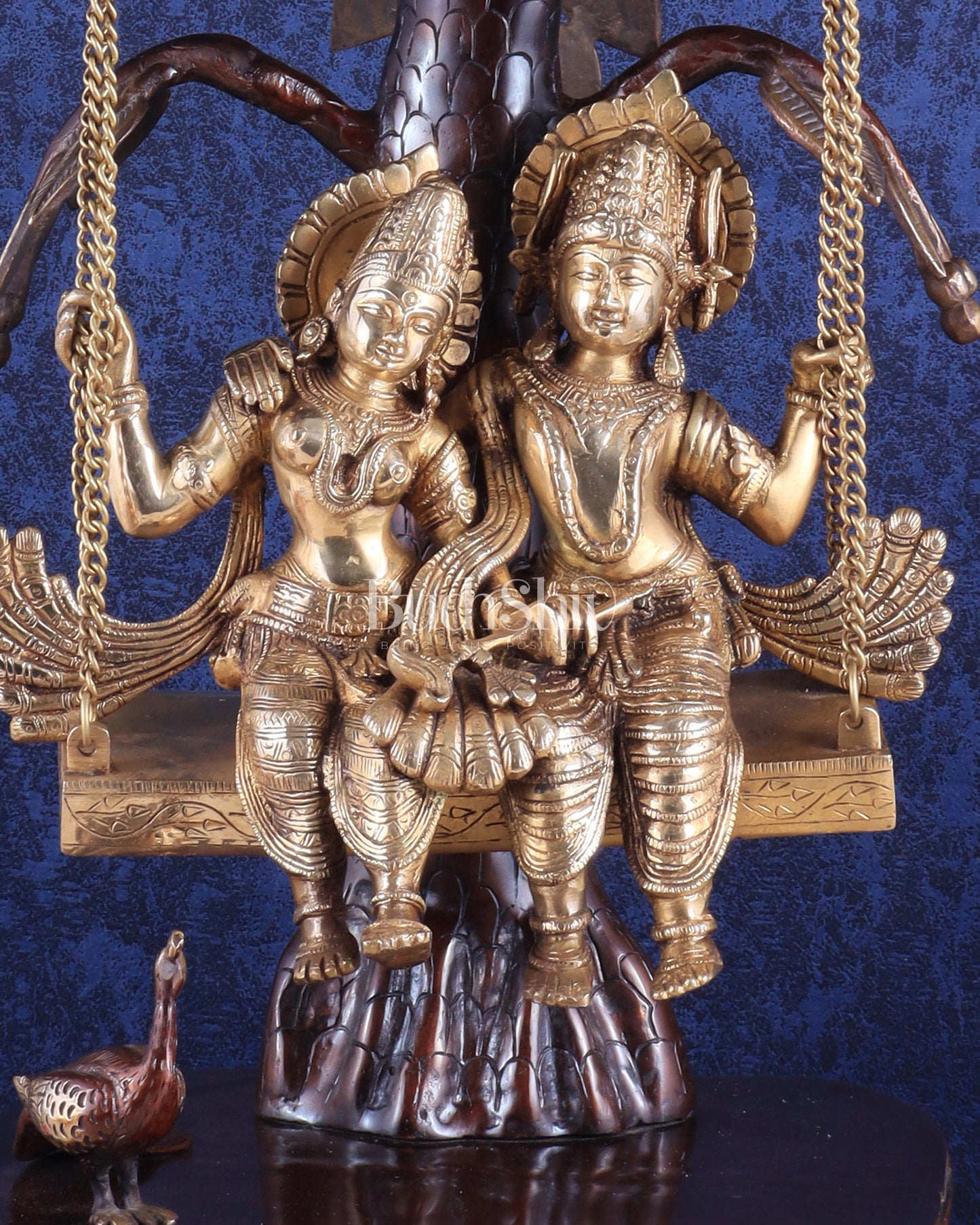 3-Foot Brass Radha Krishna Swing with Kalpavriksha and Peacock Motifs in Brown-Gold Finish