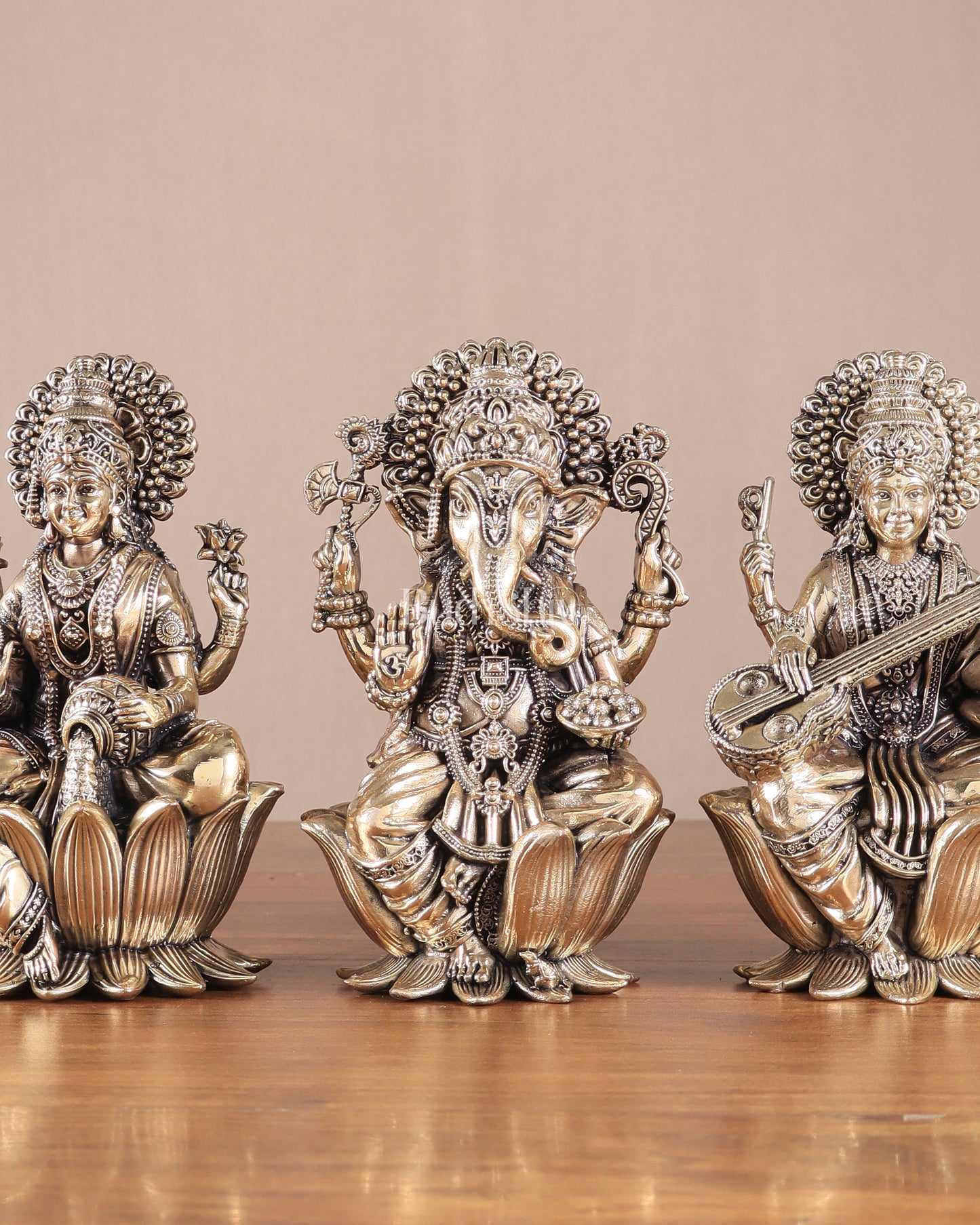 Superfine Brass Ganesh Lakshmi Saraswati Idols - 6" Tall, Set of 3