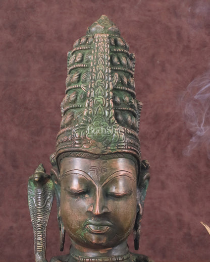 Pure Brass Lord Shiva Face Bust - Antique Green Patina 12"