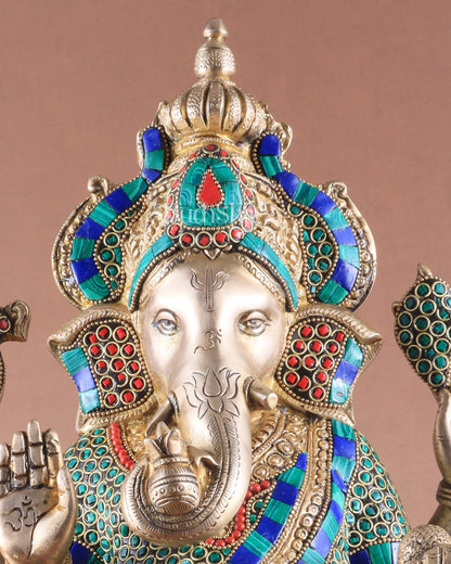 Brass Ganapati Idol Glossy – Handcrafted with Right-Side Trunk, 16" meenakari