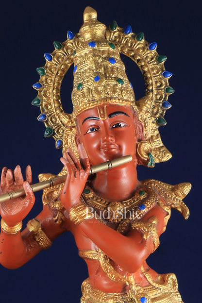 Pure Brass Lord Krishna Hand-Painted Masterpiece – Exquisite Artwork 30"